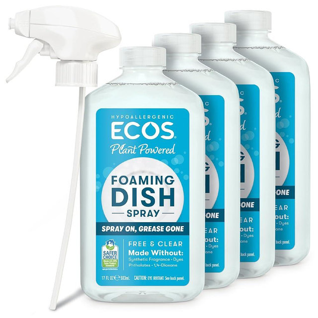 ECOS Foaming Dish Soap, Powerful Spray-On Formula, Saves Water, Wipe & Rinse Dish Cleaner - Hypoallergenic - Free & Clear, 17 Fl Oz (Pack of 4)