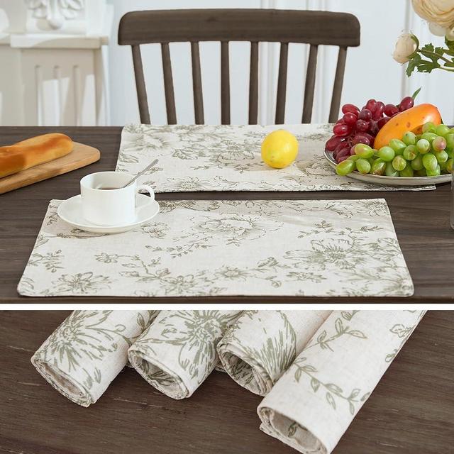 JINCHAN Floral Placemats Set of Four Farmhouse Fall Autumn Linen Placemats Cloth Table Mats Holiday Seasonal Rustic for Kitchen Dining Table Decor Heat Resistant Washable Tablemats 13 x 19 Inch Green