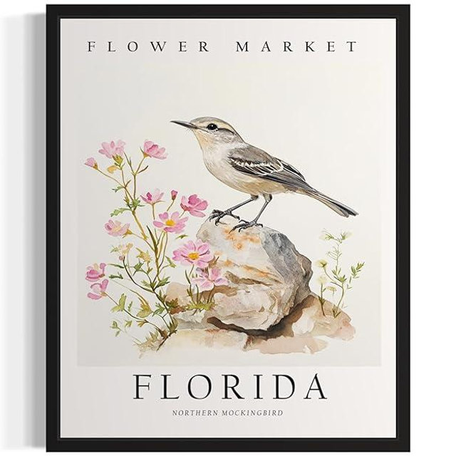 Florida Art Print Poster, State Bird Wall Art Wildlife Animal Botanical Decoration for Bedroom, Living Room Bathroom Decor 77 (Florida, 16 x 20 inches, Black Frame)