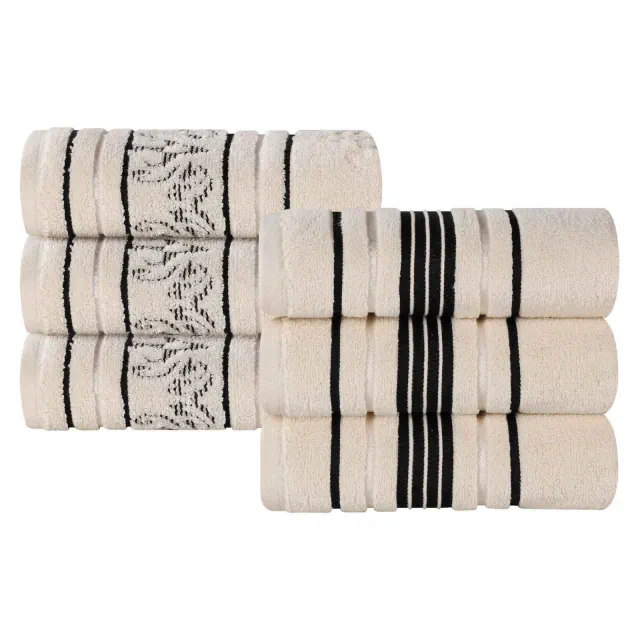 Zero Twist Cotton Solid and Floral Jacquard Hand Towel Set of 6, Ivory - Blue Nile Mills
