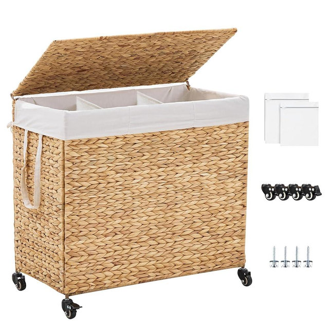 LGENHOOM 3-Section Laundry Hamper with Lid, Large Capacity Woven Natural Water Hyacinth Laundry Sorter with Removable Liners, Rolling or Non-Slip Design for Bedroom (Natural, 155L)