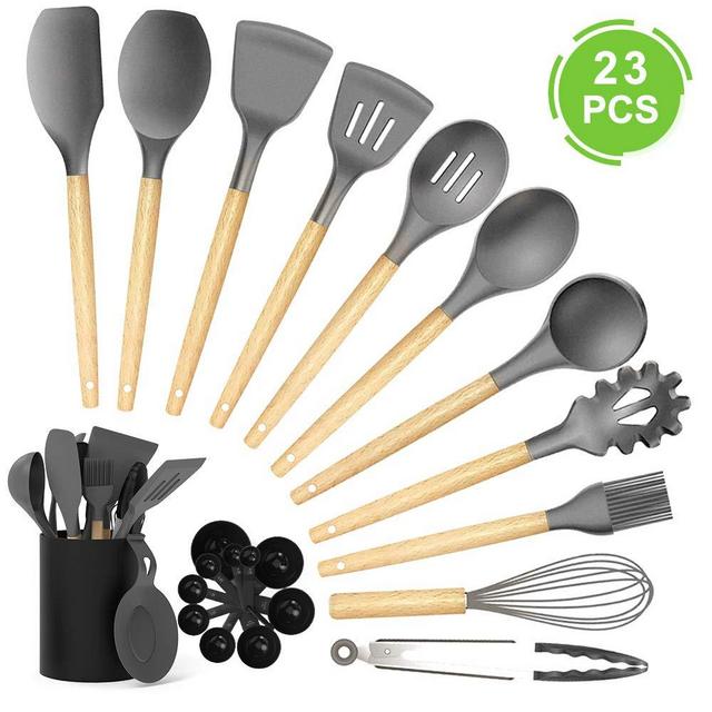 GEEKHOM Silicone Kitchen Utensils, 23 in 1 Nonstick Cooking Utensil Set with Wooden Handle, Heat Resistant BPA Free Non Toxic Large Kitchen Tools with Holder (Gray)-Rhoton family