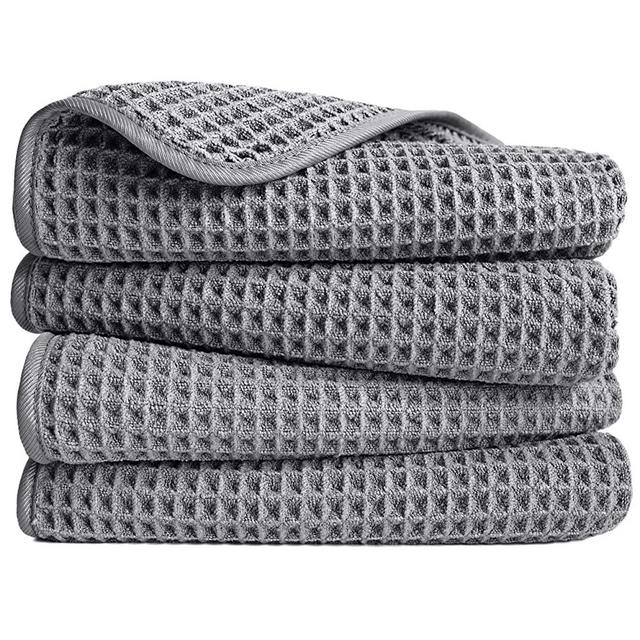 POLYTE Microfiber Lint Free Hand Towel, 16 x 30 in, 4 Pack (Gray, Waffle Weave)