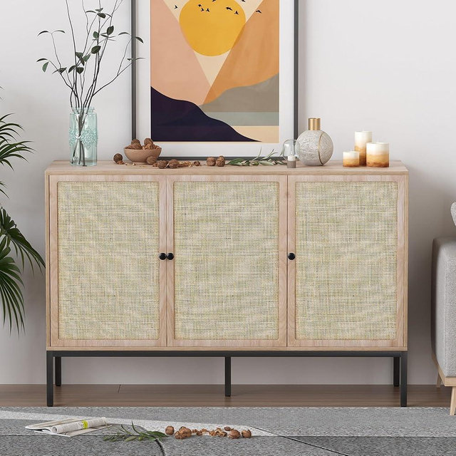 XIAO WEI 47" Sideboard Buffet Cabinet with Natural Rattan Decorated 3 Doors, Rattan Cabinet, Cane Storage Cabinet Accent Credenza for Living Room Hallway & Kitchen, Natural Oak