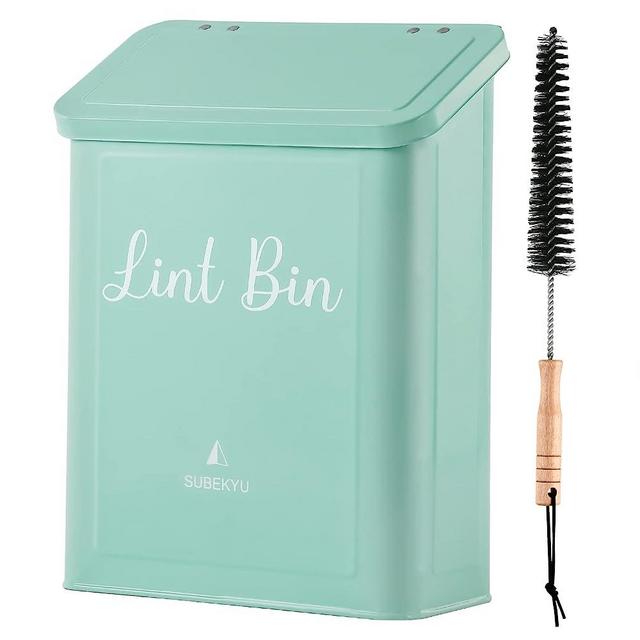 SUBEKYU Metal Magnetic Lint Bin for Laundry Room, Wall Mounted Lint Box Holder with Lid for Dryer, Light Green