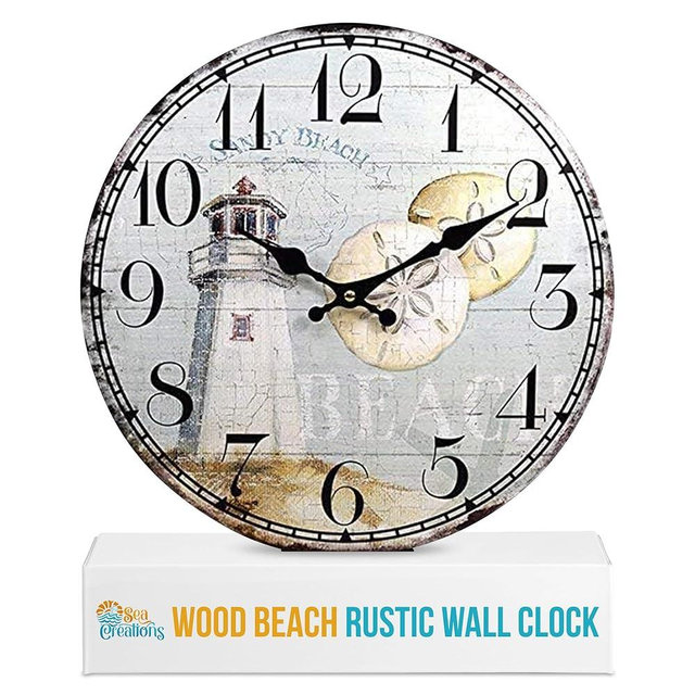 Sea Creations Coastal Lighthouse Wall Clock 13" - Wood Beach Theme Decorative Clocks - Rustic Battery Operated - Nautical Bedroom Ocean Decoration - Ticking Tropical Décor