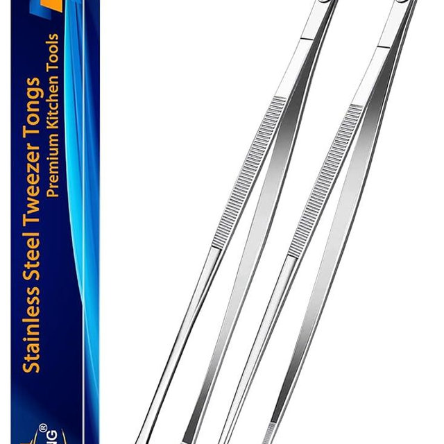 JETKONG 2 Pcs 16-Inch Kitchen Tweezers Extra Long Tweezer Tongs, Heavy Duty Stainless Steel Cooking Tweezers (Silver)