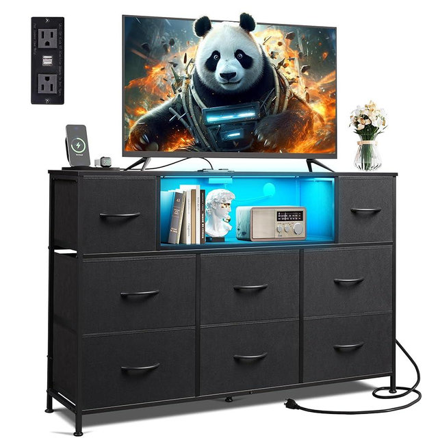 WLIVE Black Dresser for Bedroom, TV Stand for Bedroom for 50, 55 inch TV with Charging Station and LED Lights, Fabric Chest of Drawers with Open Shelves, 8 Drawer Dressers for Living Room, Closet
