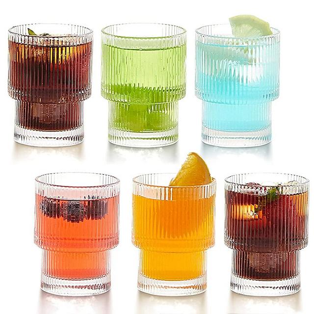 6 Pack 6oz Drinking Glasses Origami Style Set of Glass Cups, 6 Rocks Glasses, Elegant Ripple Vintage Glassware, Iced Coffee Glasses, Perfect for Wedding, Water Bar Whiskey, Beer, Cocktail, Juice