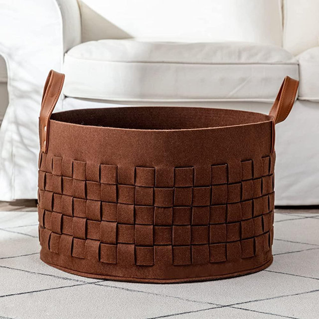boldmonkey Blanket Basket, XXLarge Woven Felt Laundry Baskets with Handle Nursery Storage Living Room Round for Toy, Clothes, Kids, Bedroom 20"x 20"x13"(Brown)