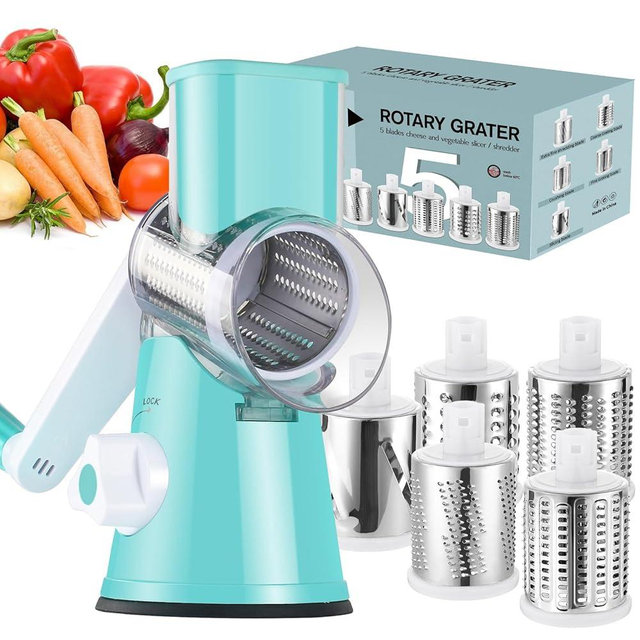 Ourokhome Rotary Cheese Grater Hand Crank, Kitchen Shredder Speed Mandolin Slicer Ice Shaver with Handle and Drum Blades for Cheese, Vegetable, Nuts, Chocolate, Potato, Carrot, 5 Blades, Blue