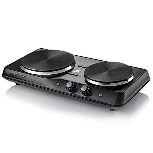 Ovente Powerful Electric Cast Iron Burner 7 Inch Double Plates with Temperature Knob, Non Slip Rubber Feet, 1000 Watts, Compact and Lightweight, Heat Up in Seconds, Easy to Clean, Black (BGS102B)