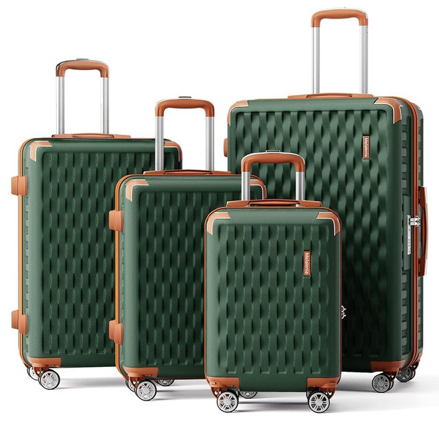 Melalenia Luggage Sets 4 Piece Hard Shell Carry on Suitcase with Spinner Wheels and TSA Lock, Lightweight Travel Duffel Bag for Women, Men, Green Brown
