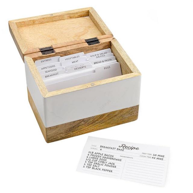 AuldHome Design Wood Enamel Recipe Box w/Cards and Dividers; Boho Farmhouse Style Mango Wood Recipe Box Set