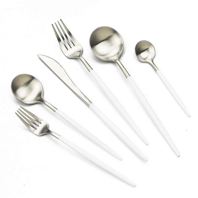 JASHII 18/10 White Handle Flatware Silver Silverware Set 304 Stainless Steel Flatware Cutlery Set| 24-Piece Adaline Royal Modern Satin Finish| BEST Birthday Wedding Gift ( White Handle Matte Silver)
