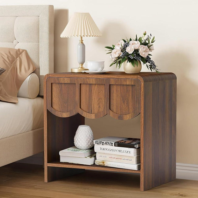 Small Night Stand, Mid Century Modern Farmhouse Wood Nightstand with Wave Panel Drawer, Bed Side End Table for Small Space, Living Room - Walnut
