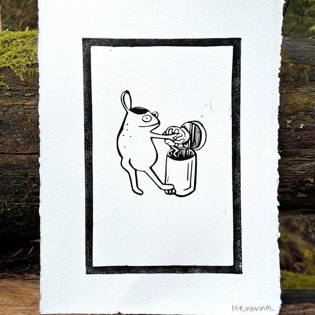 Frog Throwing Brain in Trash 6”x8” Handmade Linocut Print