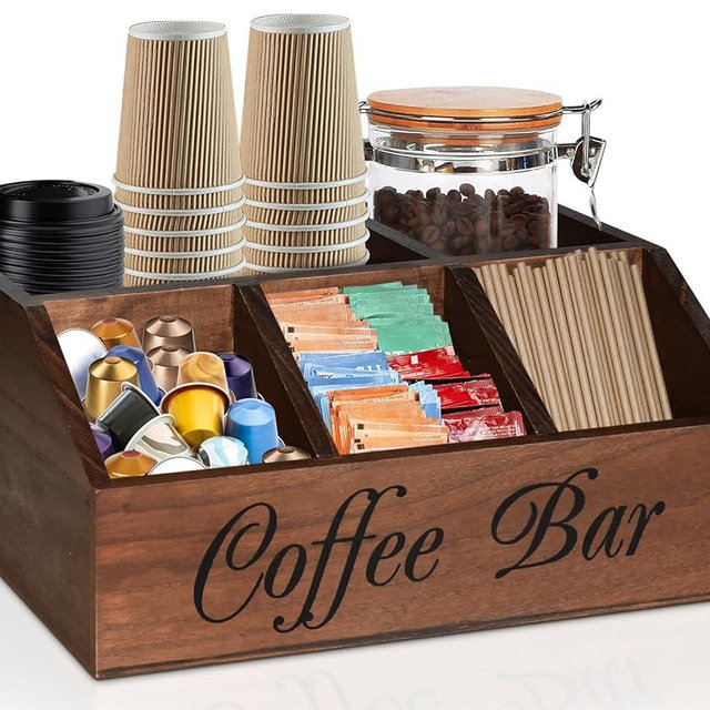 ugiftt Coffee Station Organizer for Counter, Wood Coffee Pods Holder Storage Basket, Coffee and Tea Condiment Storage Organizer, Rustic Coffee Bar Decor for Coffee Accessories Organizer