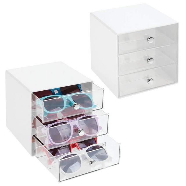 mDesign Stackable Plastic Eye Glass Storage Organizer Box Holder for Sunglasses, Reading Glasses, Accessories - 3 Divided Drawers, Chrome Pulls, 2 Pack - White/Clear
