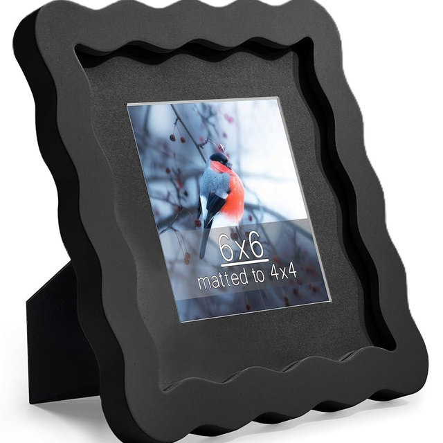 Gdfmsc 6x6 Black Picture Frame with Mat for 4x4, Curved Wavy Edge Deco Wooden Real Glass, Vertical or Horizontal Display Photo Gallery Wall & Tabletop Frame