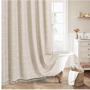 MitoVilla Boho Farmhouse Shower Curtain Set, Modern Boho Shower Curtains for Bathroom Decor, Tan Brown Polyester Linen Fabric Shower Curtain, Rustic Neutral Weave Cloth Shower Curtain, Taupe, 72 x 72