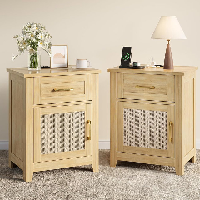 Decofy Rattan Nightstand with Charging Station, Set of 2 Modern End Tables with Storage and One Drawers, Outlets, USB Ports and Type-C Ports, Wood Nightstands for Bedroom, Dorm and Small Spaces Oak