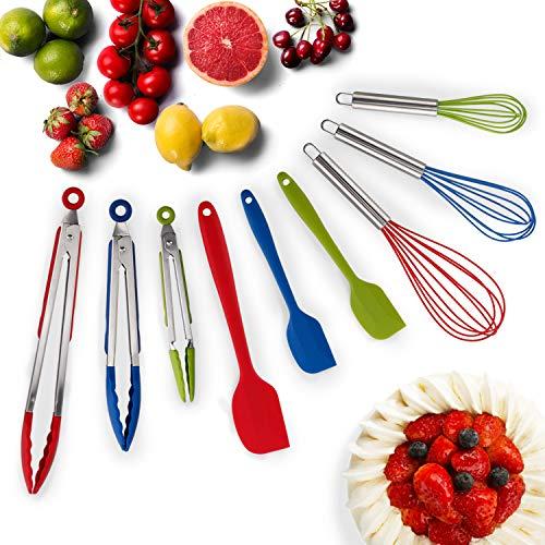 Hot Target Set of 9-3 Heavy Duty, Non-Stick, Silicone Tongs (12, 9, 7 inches) Plus Bonus 3 Silicone Whisks (11,10,8 inches) and 3 Silicone Spatulas (11,8,8 inches)