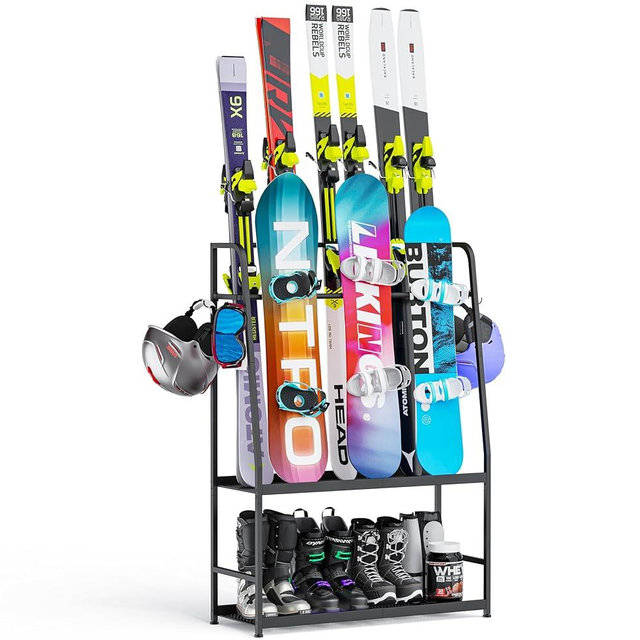 Lurgno Ski Rack for Garage,Freestanding Snowboard Rack for Ski,Snowboard, Ski Boot,Poles, Goggles, Helmet and More, Heavy Duty Steel Floor Stand Ski Organizer for Garage Basement