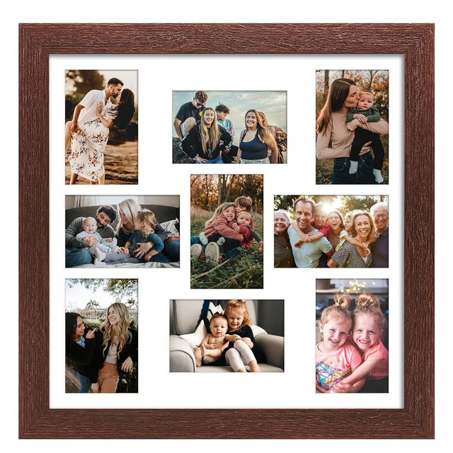 Gaevuian 17x17 Picture Frame Display 9 opening 4X6 Picture Frame Collage,Multi Photo Frame with Mat,Plexiglass,Wall Mount Decor,Walnut Wood Grain