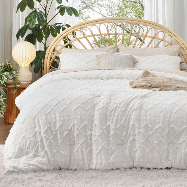 Queen Comforter Set -Comforter Set Solid Embroidery 3pcs Queen Size White - Bedsure