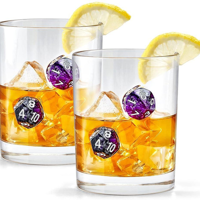 LIIGEMI Old Fashioned Glasses Set of 2,Handmade Whiskey Glass with Purple Polyhedral dices Embedded, Cocktail Glass 10oz（Purple）