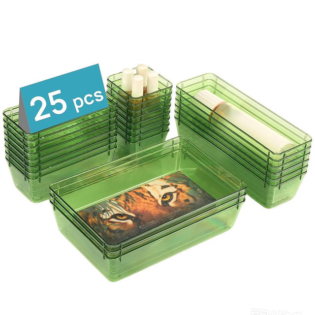 Vtopmart 25 PCS Clear Plastic Drawer Organizers Set, 4-Size Versatile Bathroom and Vanity Drawer Organizer Trays, Storage Bins for Makeup, Bedroom, Kitchen Gadgets Utensils and Office