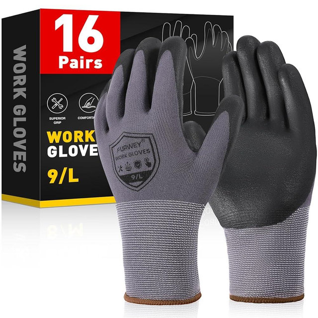 FURWEY Safety Work Gloves-16/32 Pairs, Micro Foam Nitrile Coated Glove,Seamless Knit Nylon Gloves for Men Women（S-XL