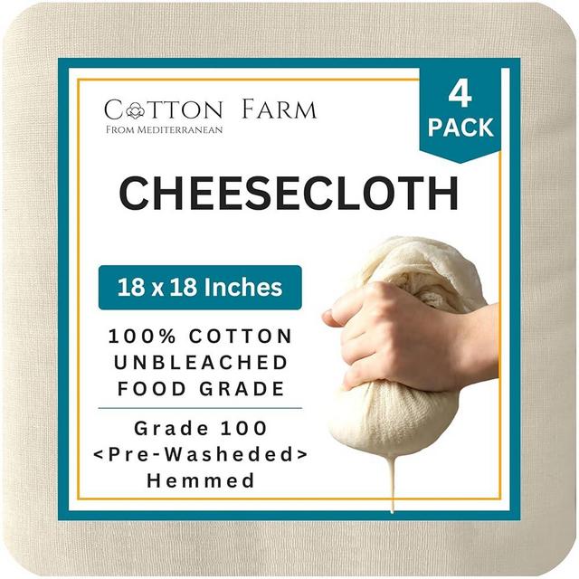 Cotton Farm Pre-Cut Cheese Cloths, 18 x 18 inch, Grade 100, Overlocked Edges, Ready to Use, Muslin Cheesecloth for Straining and Cooking, 100% Unbleached Cotton, Reusable