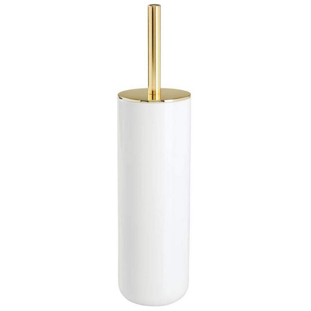 mDesign Compact Freestanding Plastic Toilet Bowl Brush and Holder for Bathroom Storage - Plastic and Stainless Steel - Sturdy, Deep Cleaning - White/Gold