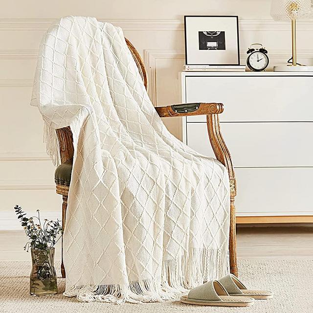 Inhand Knitted Throw Blankets for Couch and Bed, Soft Cozy Knit Blanket with Tassel, Off White Lightweight Decorative Blankets and Throws, Farmhouse Warm Woven Blanket for Men and Women, 60"x80"
