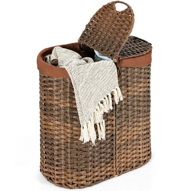 Costway Handwoven Laundry Hamper Laundry Basket w/2 Removable Liner Bags Brown