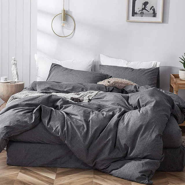 MooMee Bedding Duvet Cover Set 100% Washed Cotton Linen Like Textured Breathable Durable Soft Comfy (Dark Grey, Cal King)