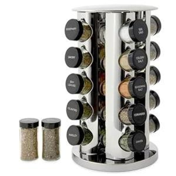 Kamenstein 20 Jar Revolving Countertop Spice Rack with Spices Included, FREE Spice Refills for 5 Years, Polished Stainless Steel with Black Caps, 30020