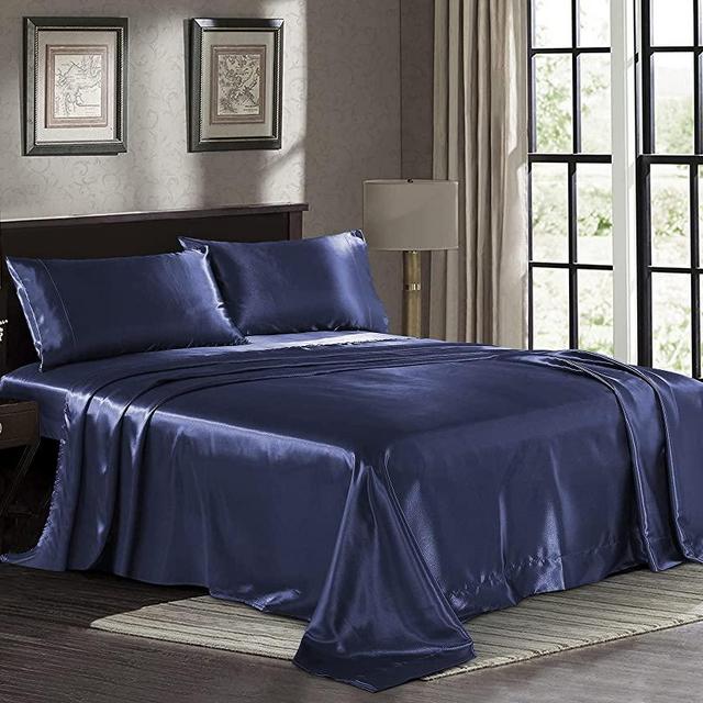 Satin Sheets Queen [4-Piece, Midnight Blue] Hotel Luxury Silky Bed Sheets - Extra Soft 1800 Microfiber Sheet Set, Wrinkle, Fade, Stain Resistant - Deep Pocket Fitted Sheet, Flat Sheet, Pillow Cases