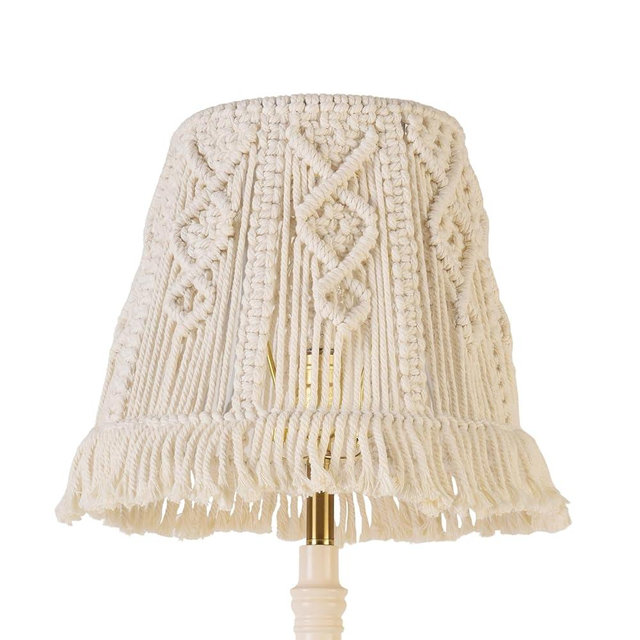 JERHOUS White-Ivory Boho Woven Lamp Shade Bell Tassels Lampshade 7.5``Top x 12``Bottom x 11``High(Spider) Medium Handmade Lamp Shades for Table & Bedside Lamp - Easy Assemble