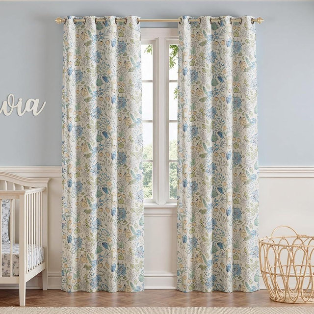 jinchan Nursery Curtains 95% Blackout Blue Floral Curtains for Kids Room, 84 Inch Length Farmhouse Drapes for Bedroom Living Room Darkening Window Treatment Grommet Top Set of 2 Panels