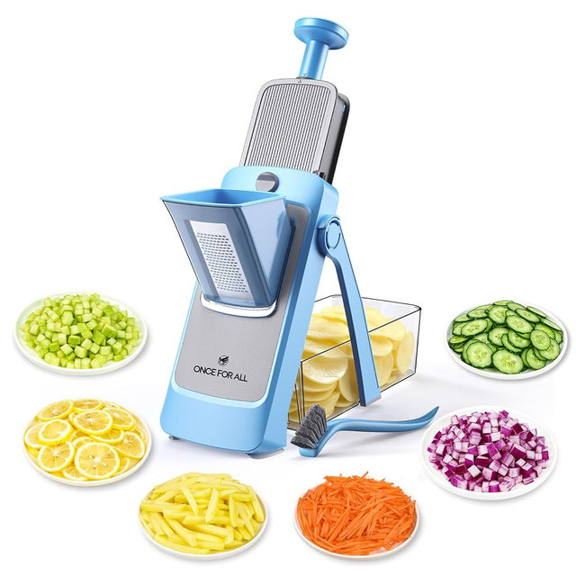 ONCE FOR ALL Safe Mandoline Slicer Pro, 4th Gen, Adjustable Thickness Vegetable Slicer For Kitchen, Food Chopper With Container, Veggie Chopper Cutter For Potato Onion Fruit, Blue