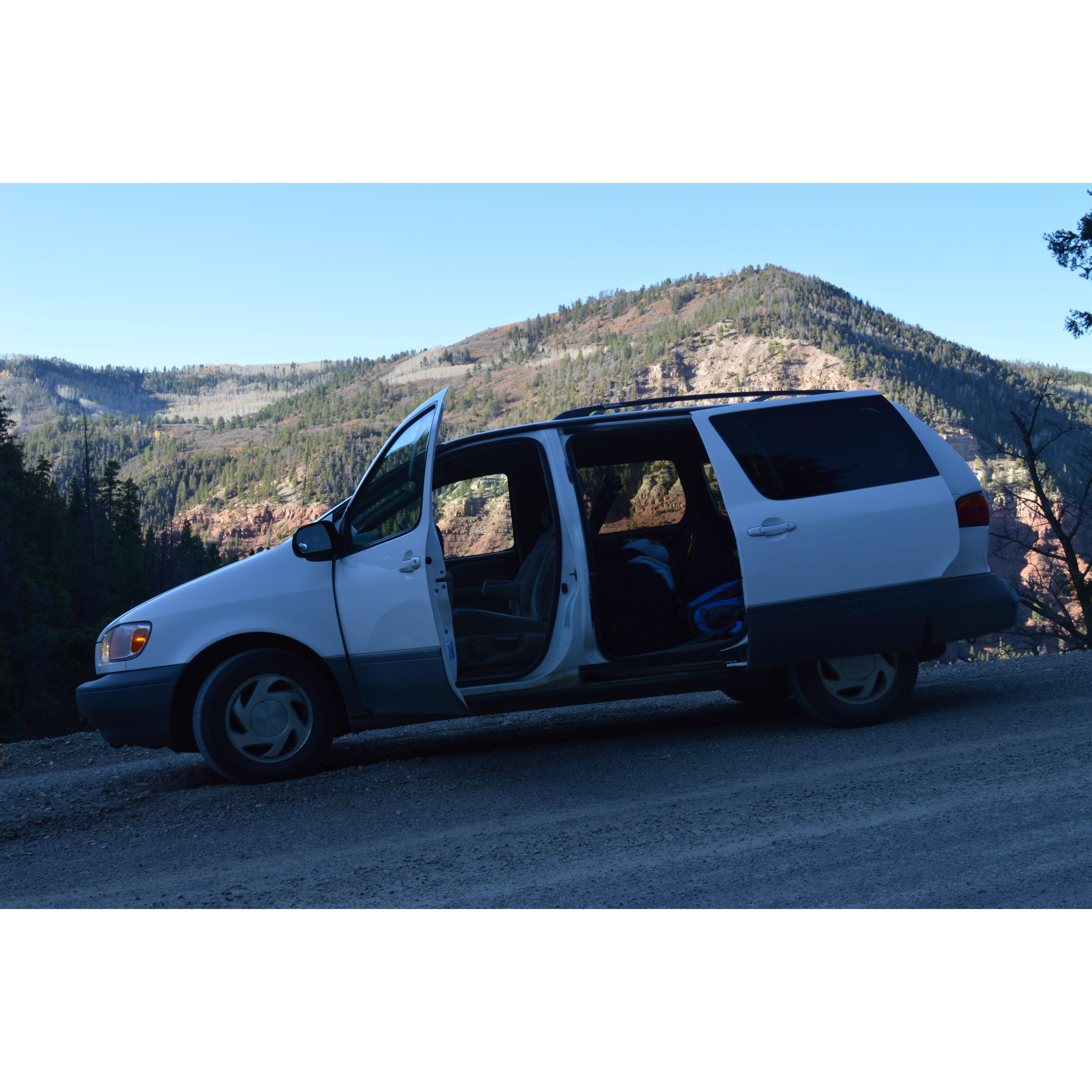 This toyota sienna saw MN, CO, WY, SD, ND, MT, ID, OR, WA, CA, NM, NV, AZ, UT, WI, and more! We traveled around the US in this van and lived out of it for a full summer.