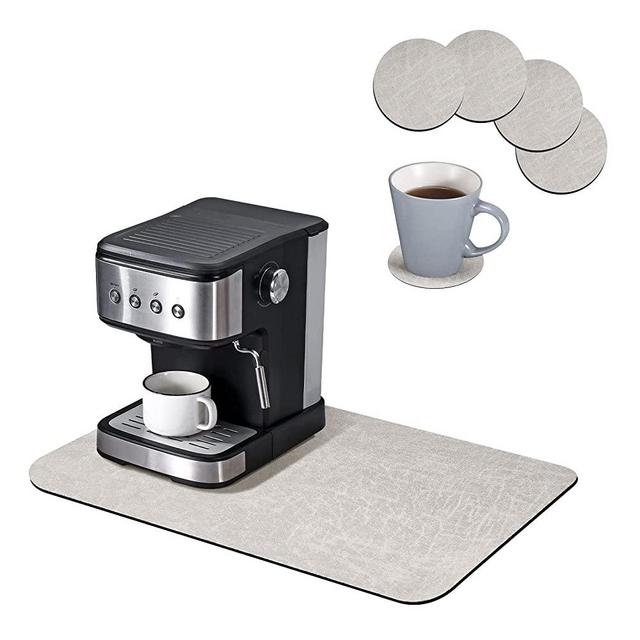 Coffee Mat Dish Drying Mat, and 6 pcs Coffee Cup Mats,Hide Stain Rubber Backed Absorbent Coffee Bar Pads,Dish Drying Kitchen Pads for Countertop,Non-Slip,Fit Under Coffee Maker,for Spills,Bars,Beige