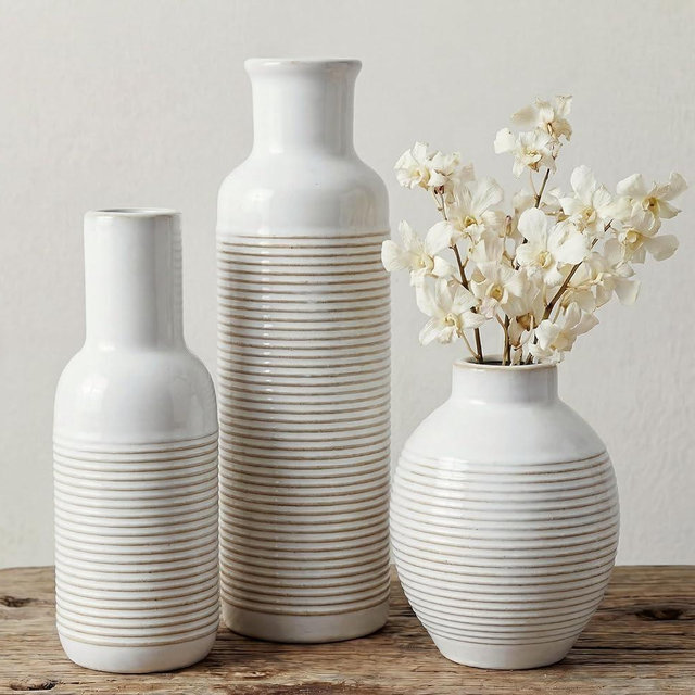 Rustic Farmhouse Vase Set of 3 - Ceramic Decorative Modern Flowers Vases Home Decor - Pampas Grass Dried Fresh Flowers - for Centerpiece, Table, Mantel Entryway, Living Room, Kitchen, Bedroom (White)