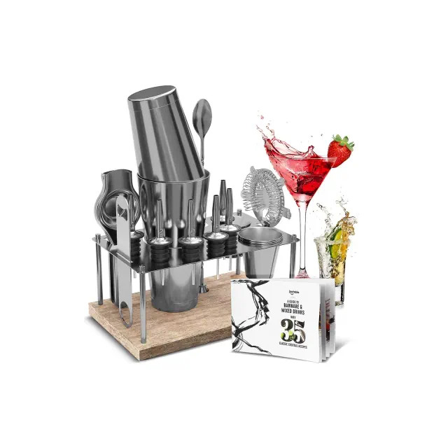 JoyTable Bar Set Cocktail Shaker Set, 17PC Stainless Steel Bartender Kit, Silver Cocktail Set with Bar Tools & Wood Stand