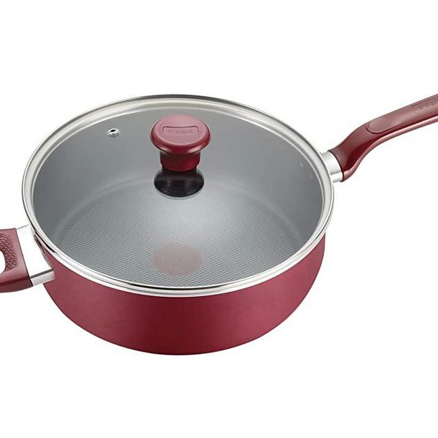 T-fal B0398264 Excite ProGlide Nonstick Thermo-Spot Heat Indicator Dishwasher Oven Safe Jumbo Cooker with Lid Cookware, 5-Quart, Rio Red