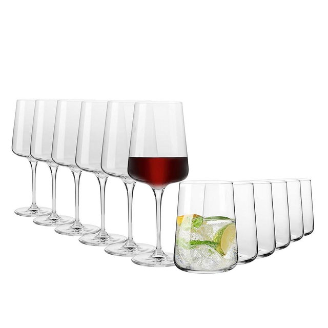 Krosno Glasses Set | 6x water drinks juice glasses 16.6 oz + 6x red wine glasses 16.9 oz | Elegant design | Crystal Glass | Ideal for home, restaurant and party | Dishwasher safe
