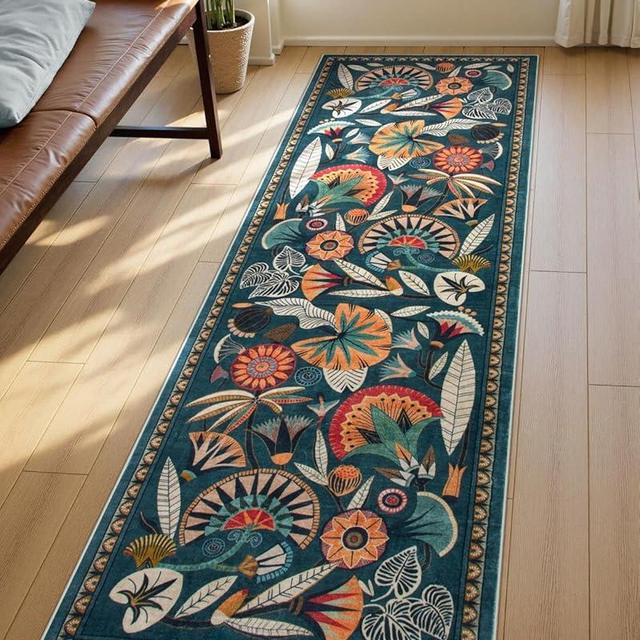 Zealude Egypt Floral Green Kitchen Runner Rug, 2x8 Washable Boho Hallway Bathroom Rug Runner, Non Slip Botanical Vintage Throw Carpet for Living Laundry Room Entry (Dark Green,2 x 8)